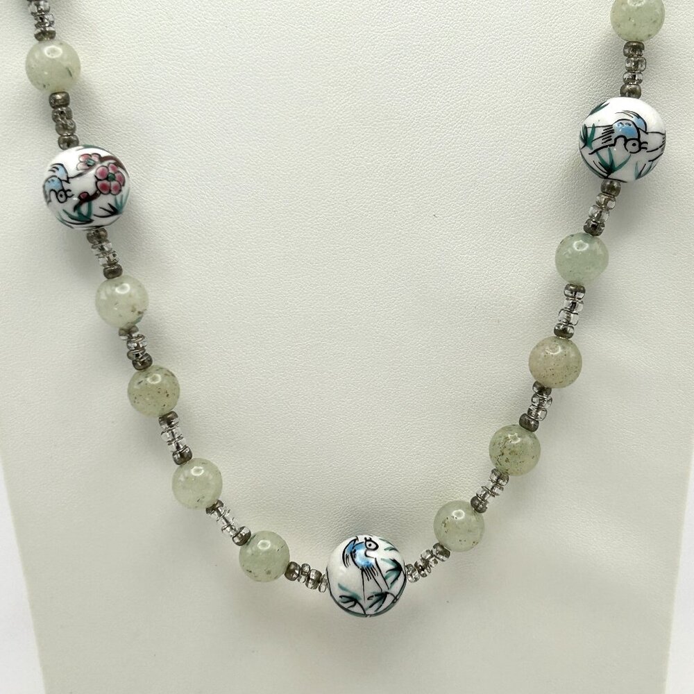 Jadeite Necklace 10mm Green Bead Porcelain Painted Accent 85g 32 in